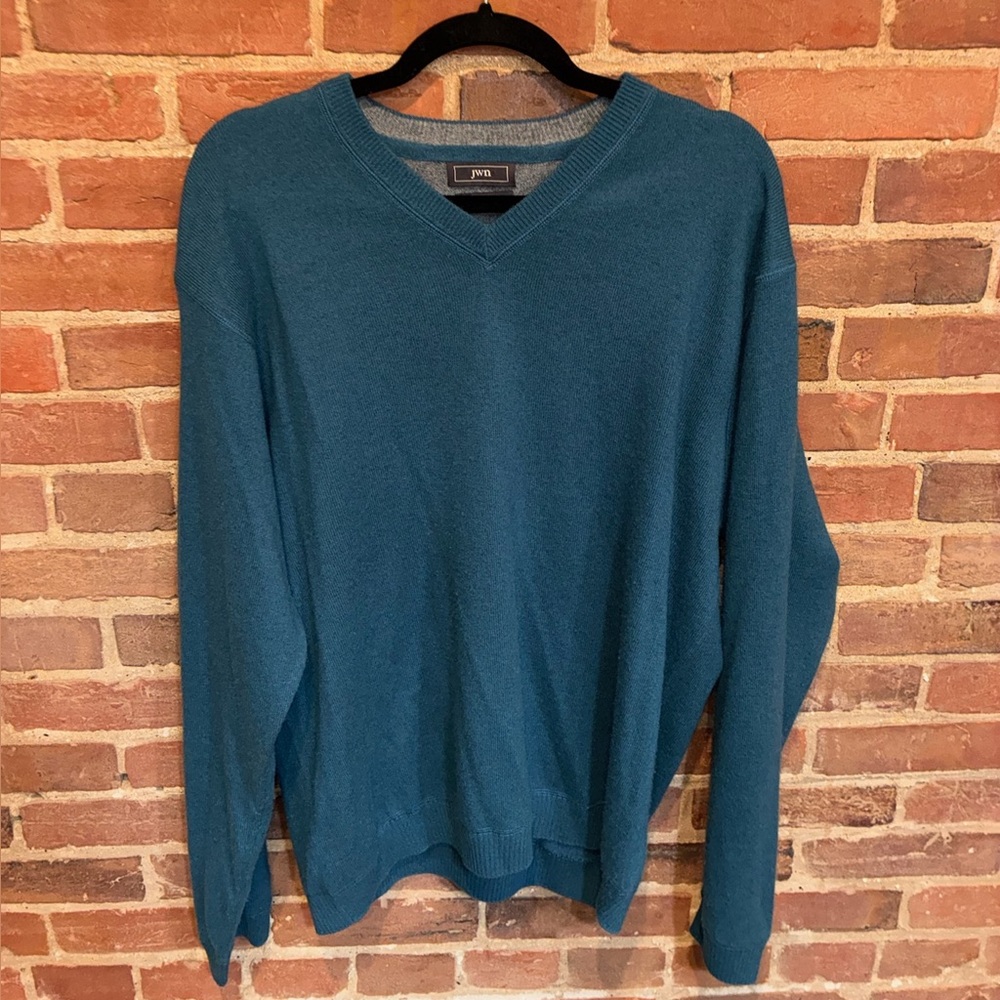 JWN Men's Teal‎ 100% Cashmere V-Neck Sweater Long Sleeve